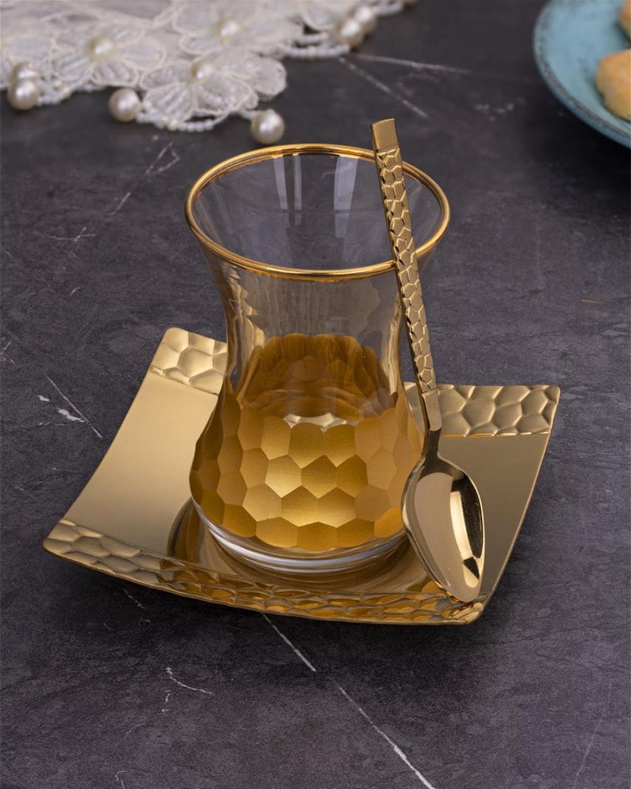 18 Parça 6 Kişilik Lüx Petek Gold Çay Bardağı & Seti