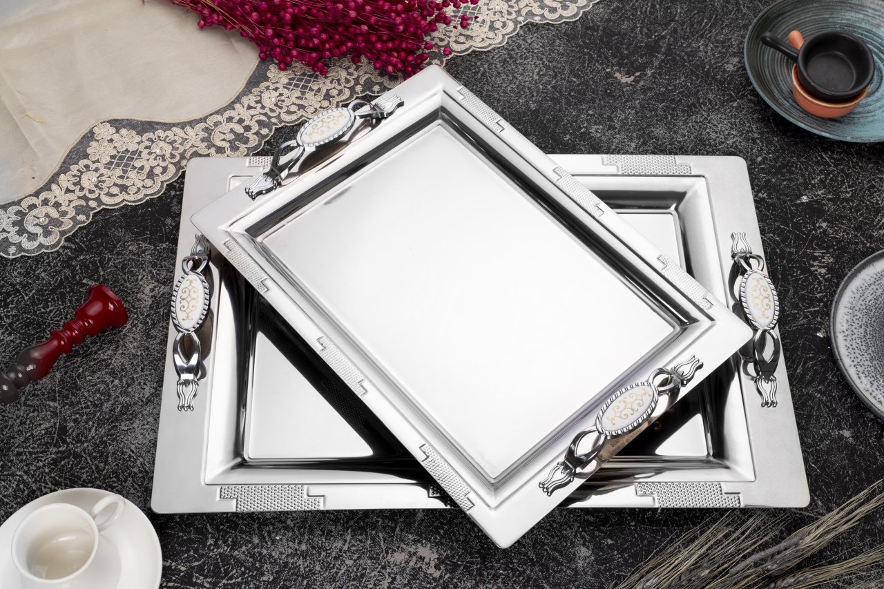 2'li Armoni Gümüş Sultan Ikramlık Sunumluk Servis Ve Çay Tepsisi