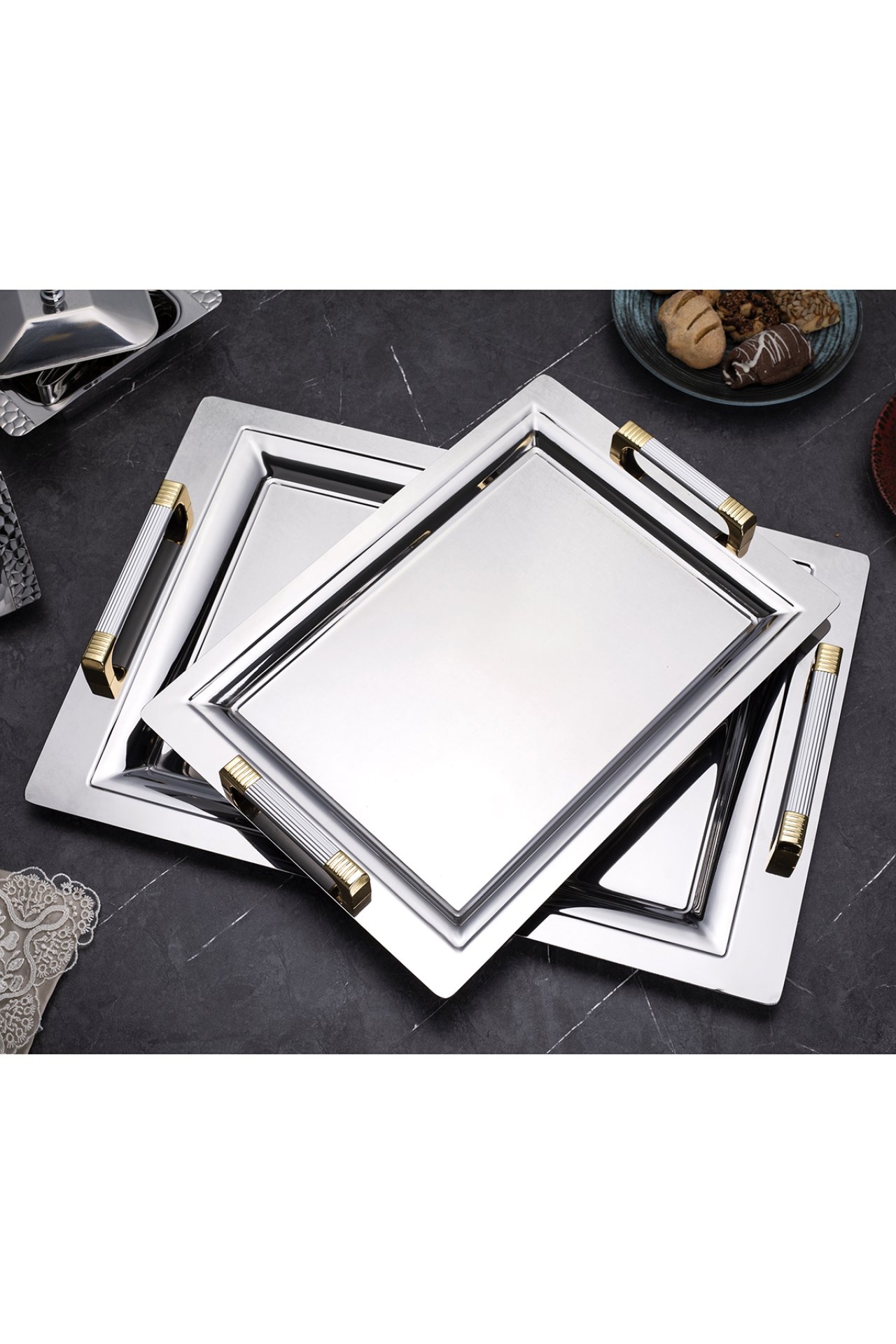 2'li Mercan Dore Ikramlık Sunumluk Servis Ve Çay Tepsisi