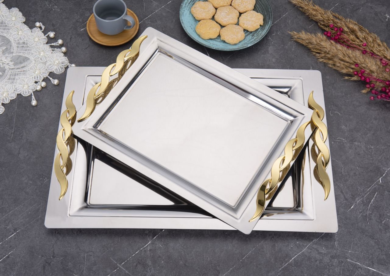 2'li Mercan Sırma Gold Ikramlık Sunumluk Servis Ve Çay Tepsisi