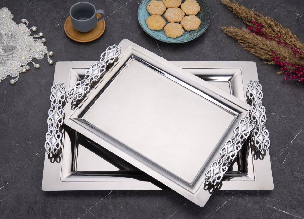 2'li Mercan Perla Gümüş İkramlık Sunumluk Servis Ve Çay Tepsisi