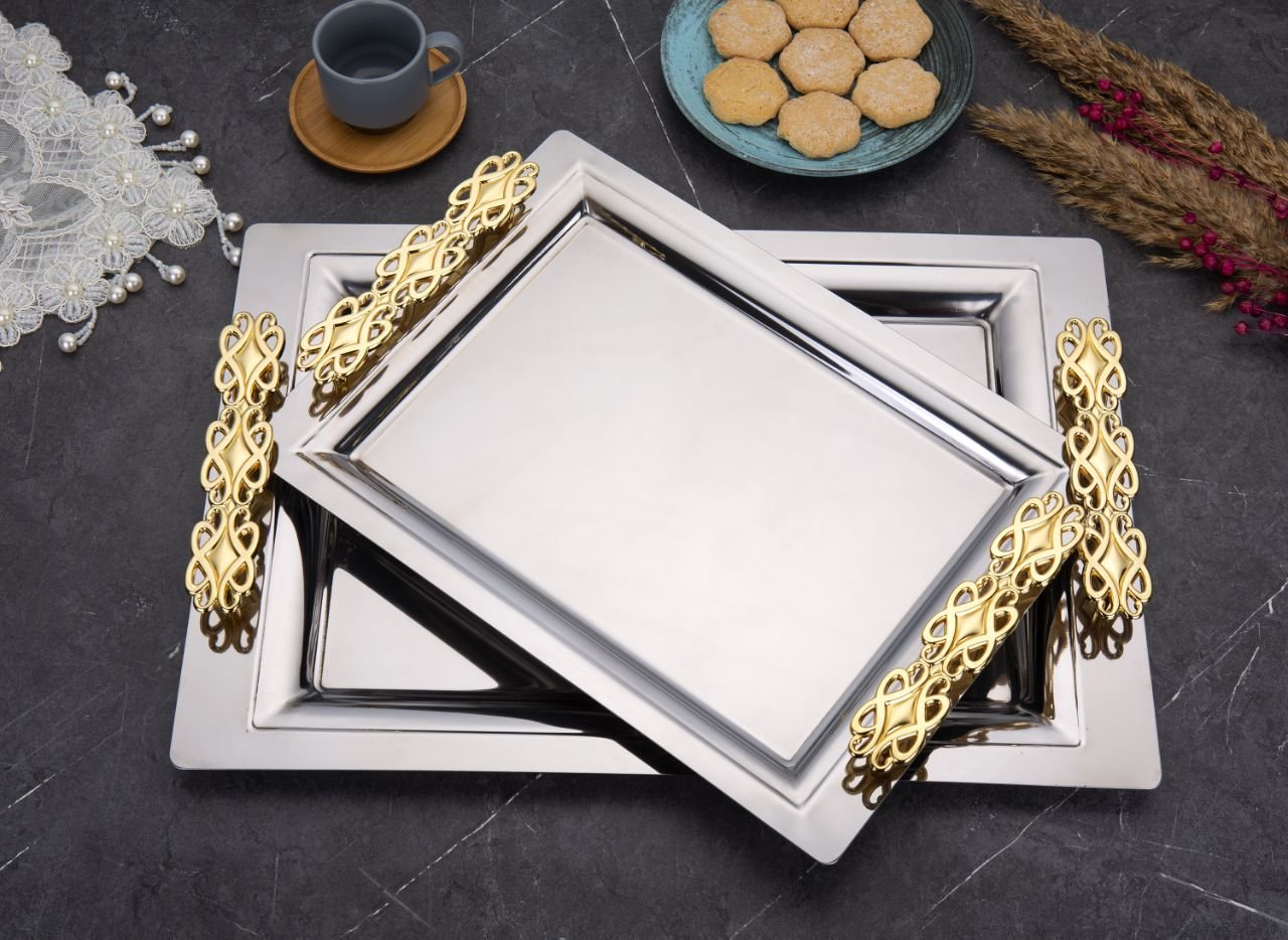 2'li Mercan Perla Gold Ikramlık Sunumluk Servis Ve Çay Tepsisi