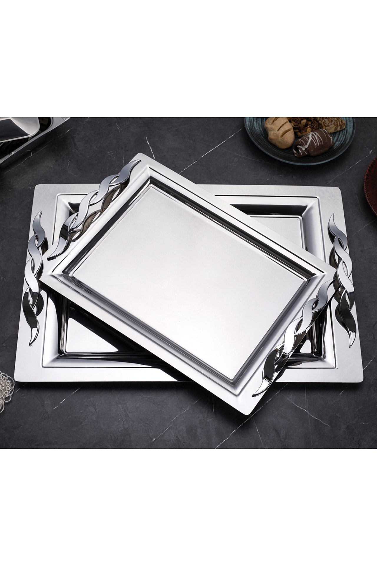 2'li Mercan Sırma Ikramlık Sunumluk Servis Ve Çay Tepsisi