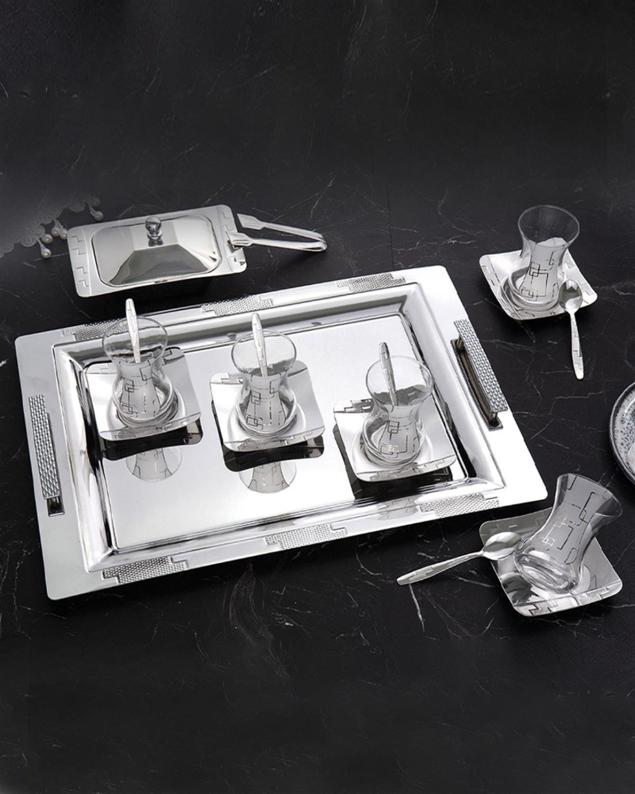 40 Parça Armoni Lüx Bardaklı Çay Tepsisi 12 Kişilik