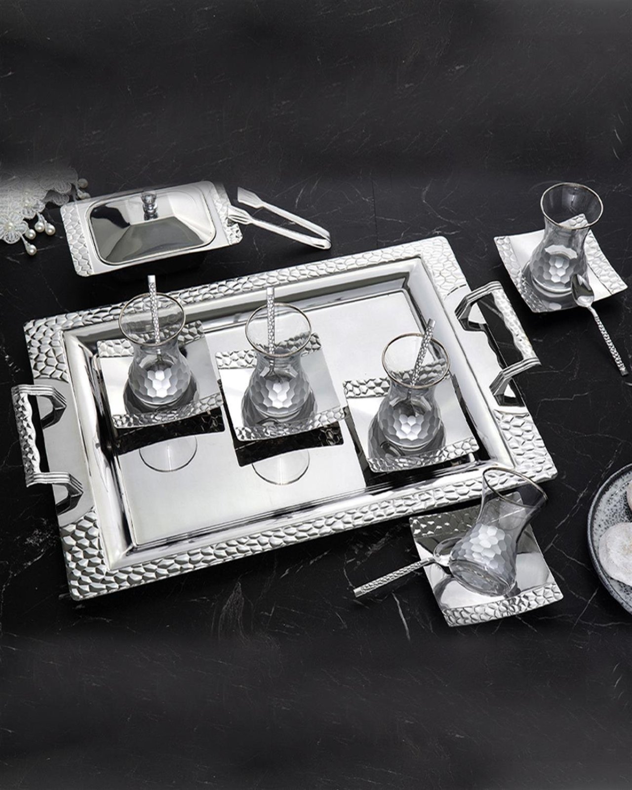 40 Parça Petek Bardaklı Çay Seti Tepsisi 12 Kişilik