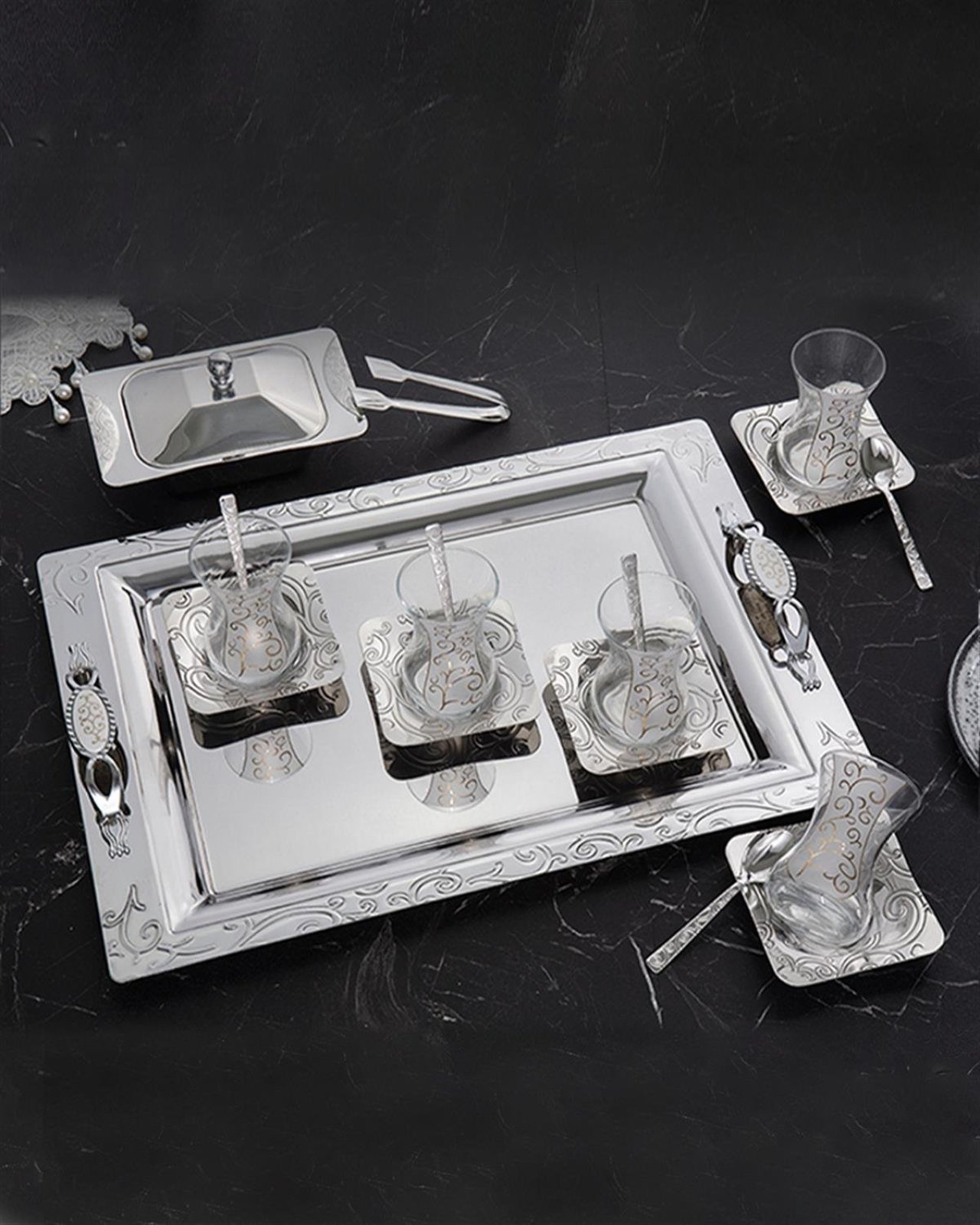 Çınar Kare 40 Parça Lüx Bardaklı Çay Seti 12 Kişilik