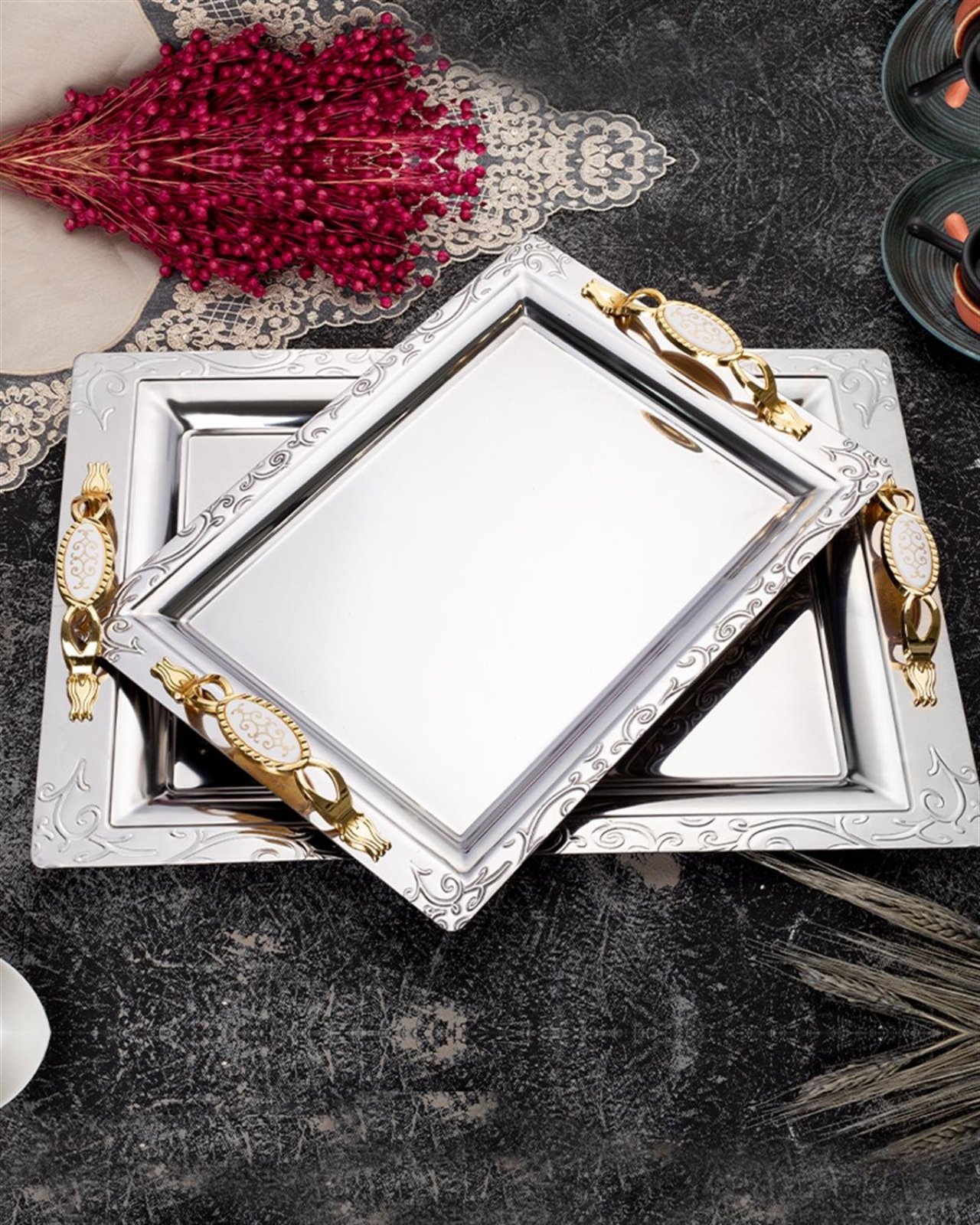 2'li Çınar Sultan Gold Ikramlık Sunumluk Servis Ve Çay Tepsisi