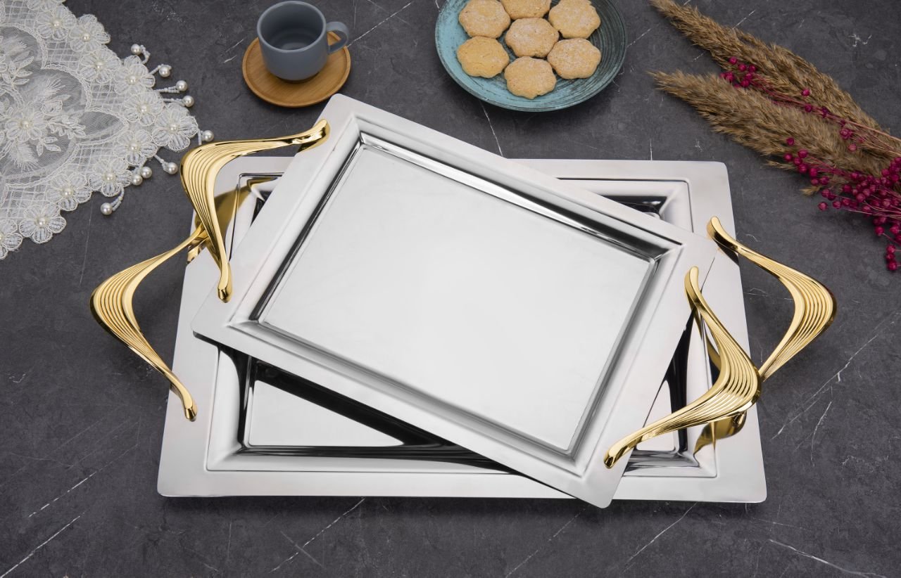 2'li Mercan Vera Gold Ikramlık Sunumluk Servis Ve Çay Tepsisi